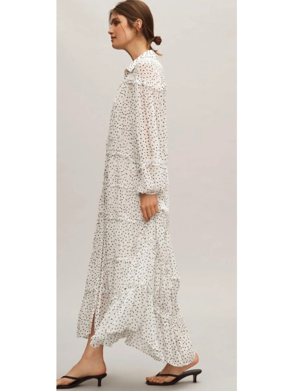 ANTHROPOLOGIE Long Sleeve Smocked Tiered Maxi Dress L White/Black Polka Dot - Picture 6 of 16